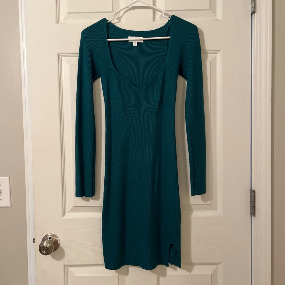 Turquoise Green Knit Bodycon Dress Long Sleeve